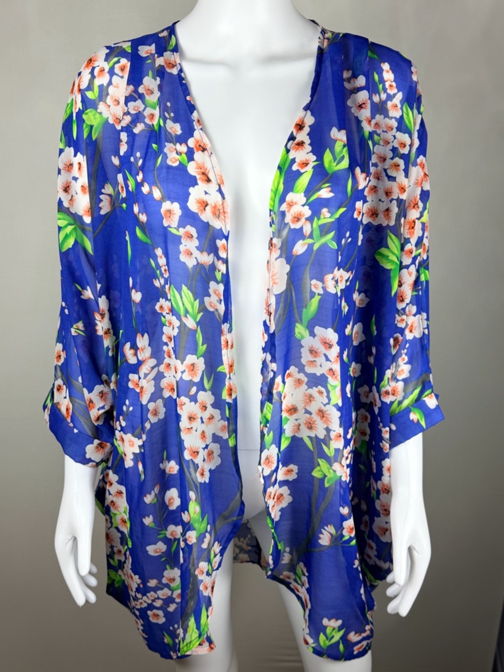 Blue Floral Sheer Kimono Cardigan Open Front Lightweight Boho Beachy XL